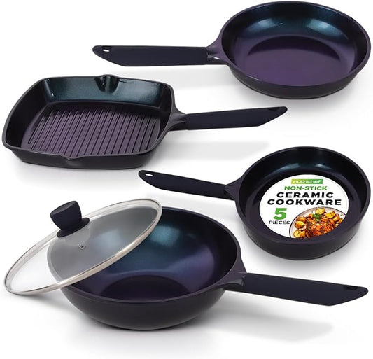 NutriChef NonStick Frying Pans – 5-Piece Skillet Set with Ceramic Coating, Wok, Grill, Fry & Fish Pans – Compatible with All Cooktops, Including Induction – Cool-Touch Handles, Easy-Clean