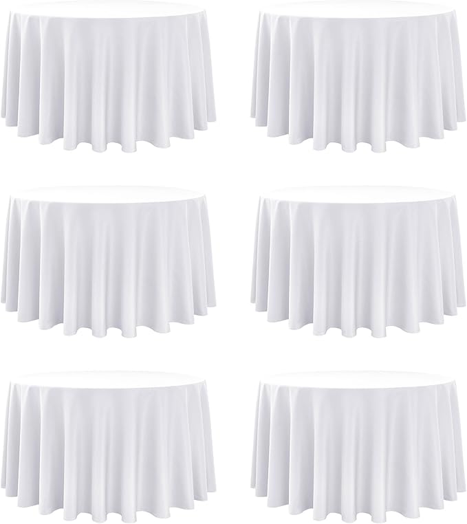 6-Pack White Round Tablecloths, 108 Inches, Stain-Resistant Polyester for 4-5 Ft Round Tables - Washable Table Covers for Weddings, Banquets, Birthday Parties, Events