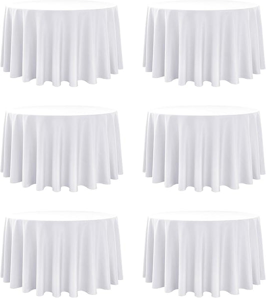 6-Pack White Round Tablecloths, 108 Inches, Stain-Resistant Polyester for 4-5 Ft Round Tables - Washable Table Covers for Weddings, Banquets, Birthday Parties, Events