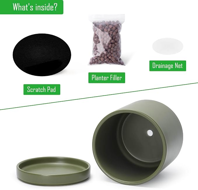 D'vine Dev 8.2 Inch Ceramic Planter Pot, Olive, 94-O-D-J | Modern Cylinder Design, Drainage Hole & Saucer Included, Stable Structure, Elegant Home Accent