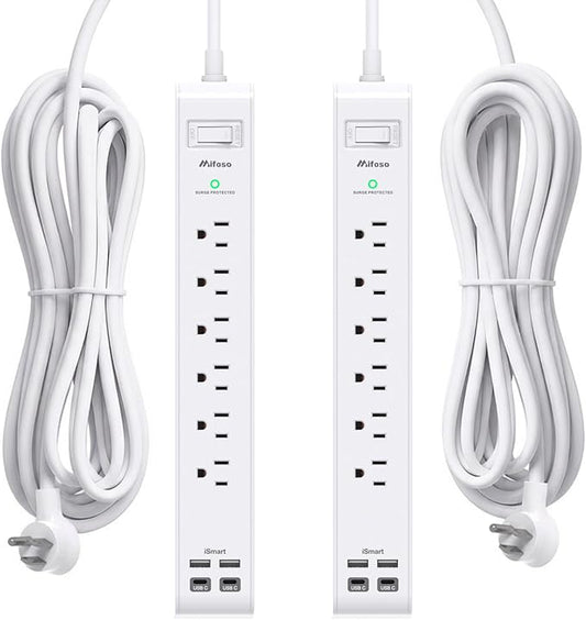 2 Pack Power Strip, Extension Cord 15FT, Surge Protector with 6 Outlets and 4 USB Ports (2 USB C), Flat Plug Overload Protection, Extension Cord with Multiple Outlets, Wall Mount for Home Dorm College