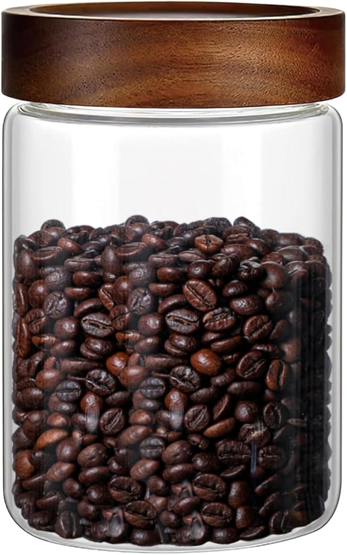 28 Fl oz/850 ml Glass Food Storage Jar, Premium Clear Glass Container Jar with Airtight Screw-on Wooden Lid, Kitchen Canisters for Coffee,Tea,Pasta,Cookies, Nuts,Spice,Candy,Overnight Oatmeal（Medium）
