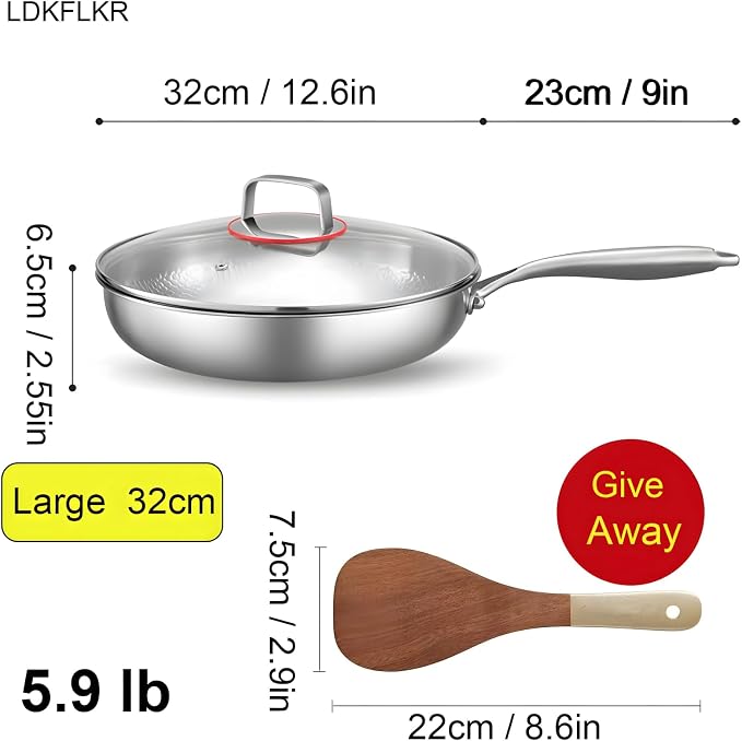 Titanium Hammered Pan with Lid, Titanium Frying Pa, No Coating Non-Stick Steak and Egg Pan Scratch-Resistant Titaniums Cookware for Cooking Compatible with All Cooktops,12.6 x 2.55 in