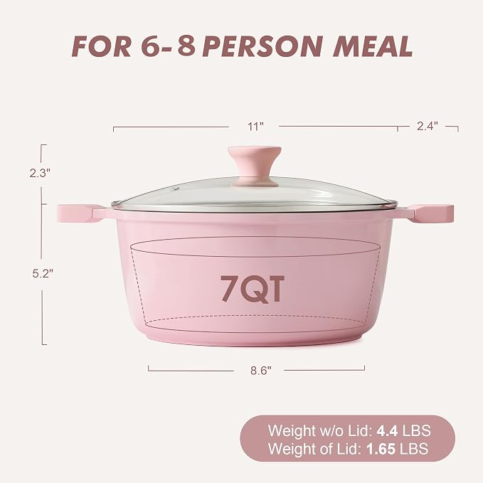 SENSARTE Ceramic Nonstick Stock Pot with Lid, 7 Quart, Pink | Healthy Nontoxic Ceramic Coating, PFAS & PTFE Free, Compatible with All Stoves Including Induction Cooktops, Dishwasher safe.