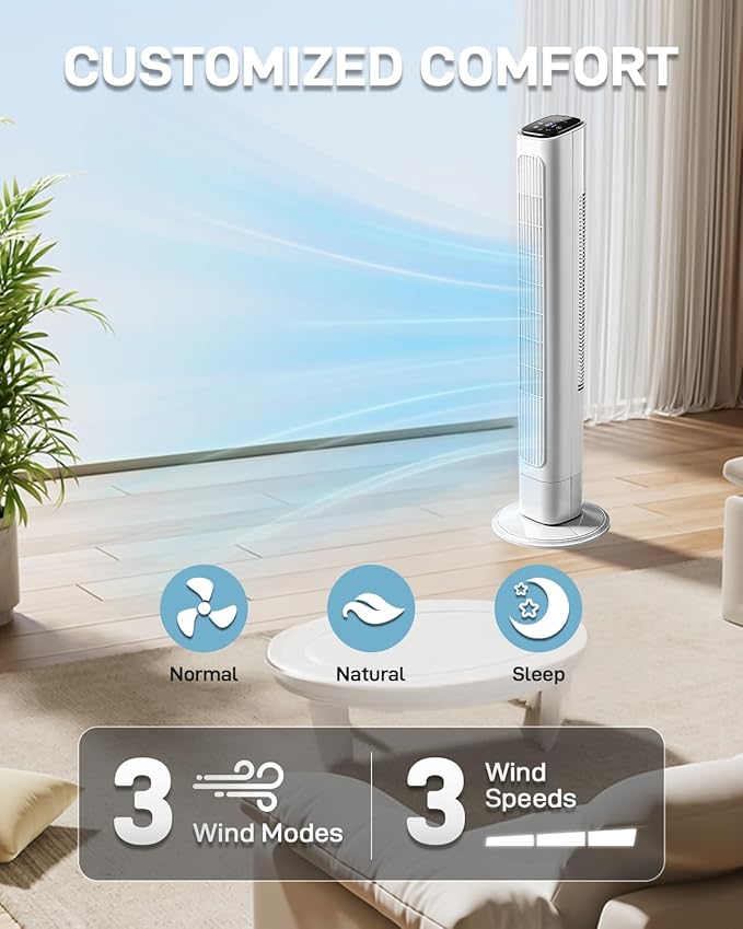 Winado 36" Bladeless Tower Fan, Portable Floor Fan with Remote Control, LED Display, Adjustable 90° Oscillating, 3 Speeds, 3 Modes & 9H Timer, Ultra-Quiet Cooling Fan for Home Office Bedroom, White