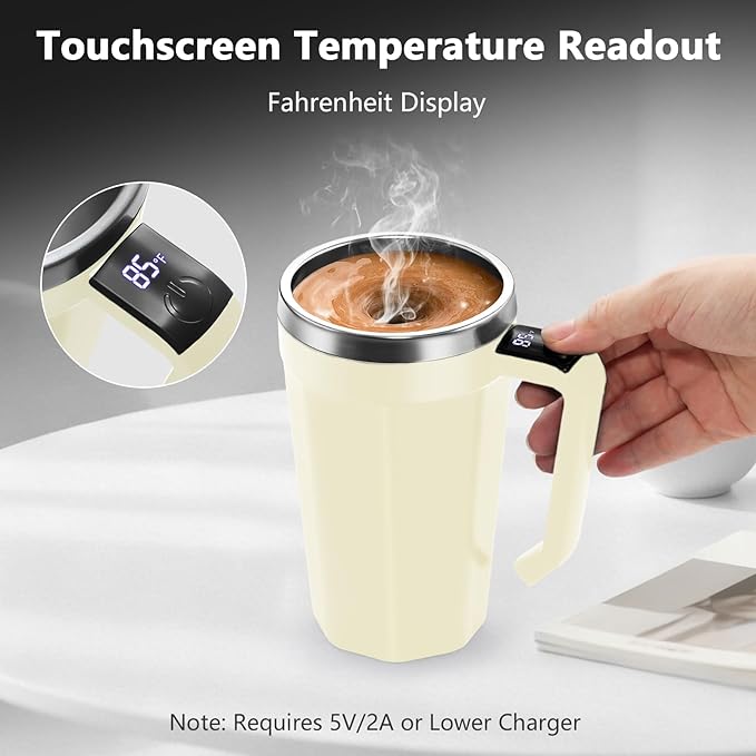 Self Stirring Coffee Mug with Temperature Display, 18 oz Rechargeable Self Stirring Mug with Lid, Automatic Self Stirring Cup with Stainless Steel for Coffee, Milk, Beverages, White