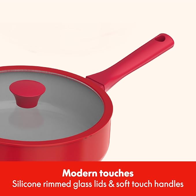 So Yummy by bella 12 Piece Cookware Set w EverGood™ Ceramic Nonstick Coating and Silicone & Wood Utensils, Dishwasher Safe Silicone & Glass Lids, Oven Safe & All Stovetop Compatible, Red