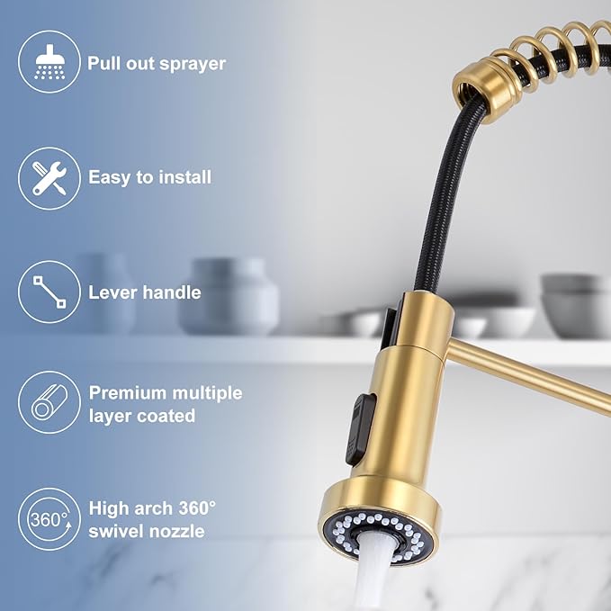 DJS Kitchen Faucets with Pull Down Sprayer Brushed Gold High Arc Single Handle 1 or 3 Holes Spring Kitchen Sink Faucet with Deck Plate for Farmhouse RV Vessel Basin