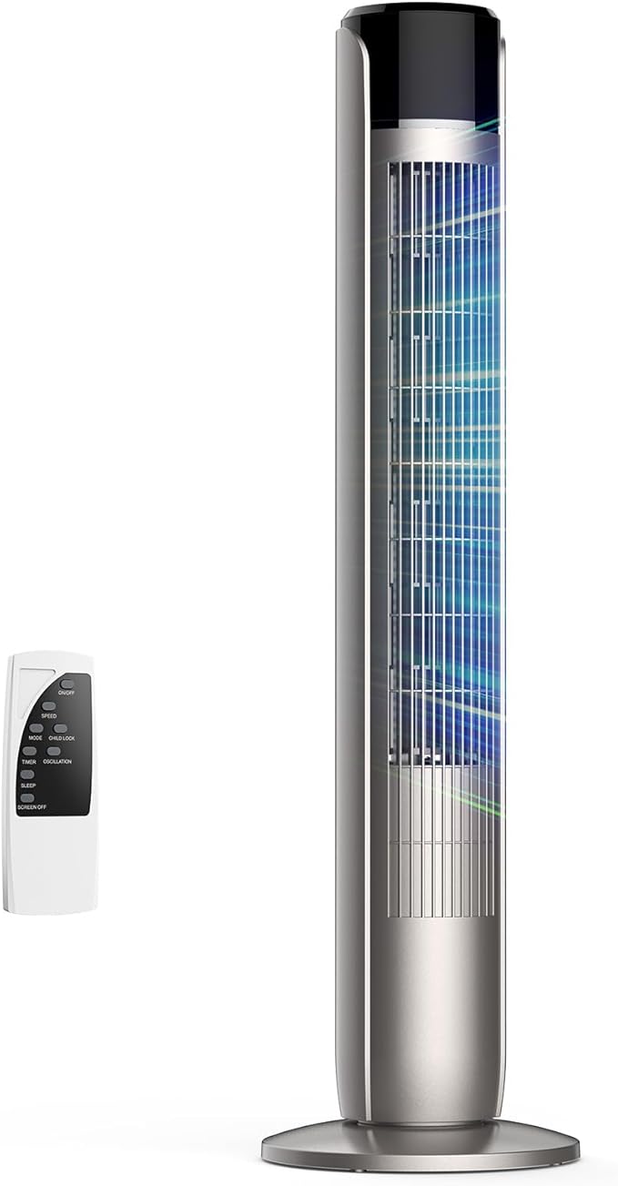 NEWBULIG Tower Fan for Bedroom, Oscillating Standing Bladeless Fan with Remote, 5 Speeds & 4Modes, 28db Quiet for Sleep, 25ft/s High Velocity, 12H Timer, Office, Home, Dorm