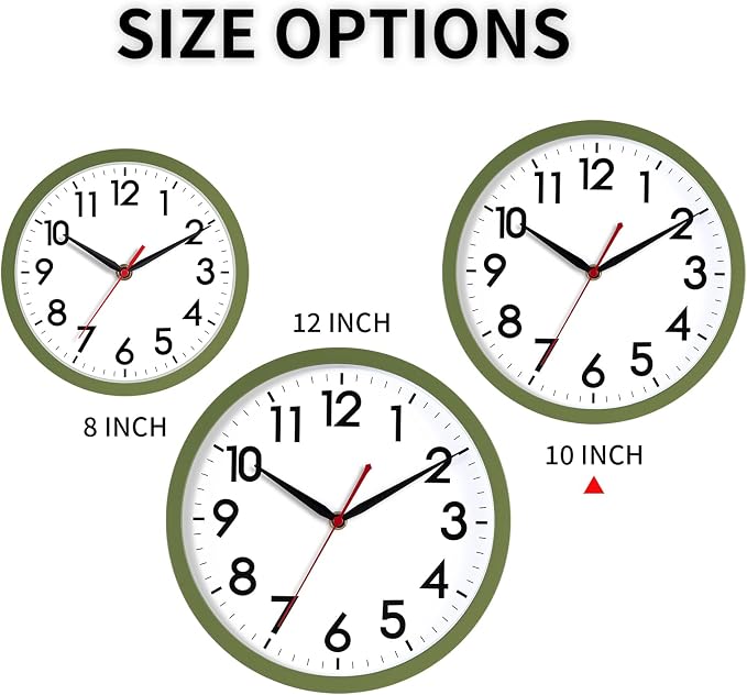 AKCISOT 10 Inch Wall Clock, Battery Operated Analog Clock, Silent Non-Ticking, Ideal for Bedroom, Bathroom, Kitchen, Office and School, Olive Green