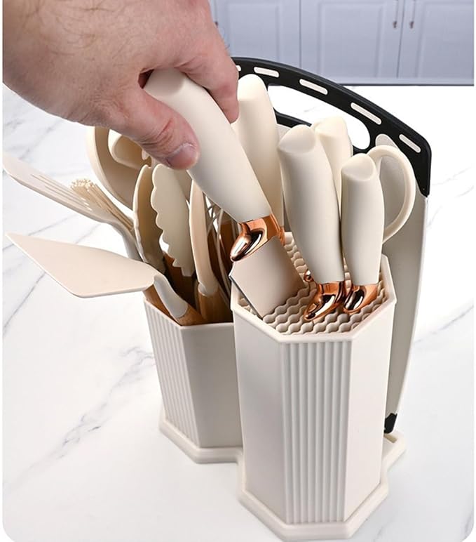 Kitchen Utensils Set,19 Pcs Cooking Tools and Knives Set,Cutting Board, Silverware Set, with Utensil Holder Precision Cutting and Organized Dining Kitchen Tool (White)
