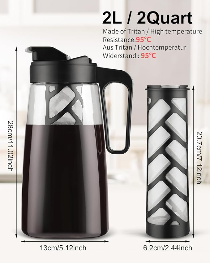 Sivaphe Large Ice Cold Coffee Maker 64 oz, Dishwasher Safty Traitan Carafe Pitcher Leak Proof, Iced Hot Coffee/Tea Brewer Method 2 Quart with Reusable Filter