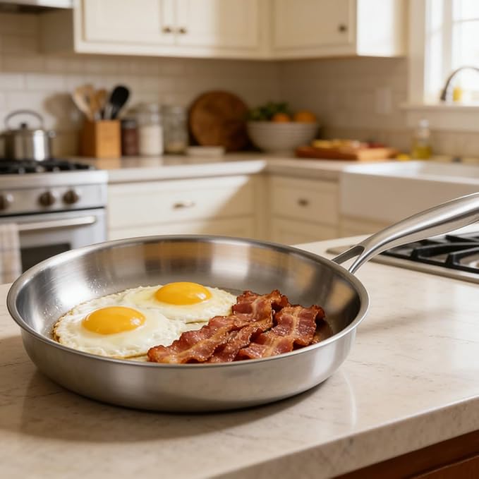 Tri-ply Stainless Steel Frying Pan 8 Inch Small Skillet for Chef's Cooking Pan Induction Oven Dishwasher Safe, Compatible with All Cooktops Up to 600℉ with Kitchen Tongs(Detachable Handle)