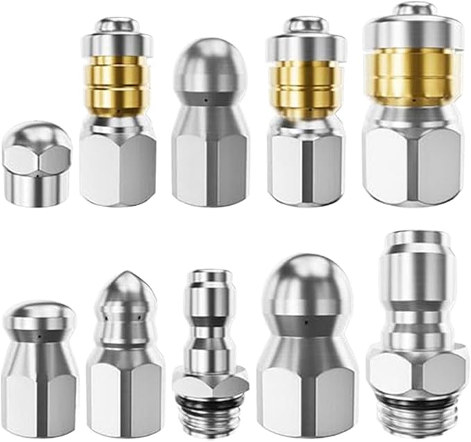 Pressure Washer Jetter Nozzle | with Connectors Tips - 10-Piece High Pressure Drain Cleaner Nozzle | for Home Kitchen Parking Lot Sink Pipe Floor Drain Downspout
