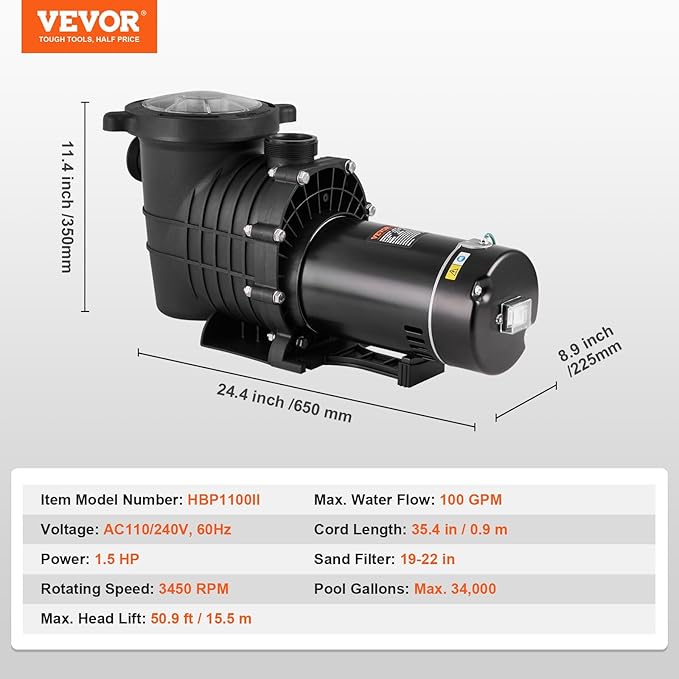 VEVOR 1.5HP Dual Voltage Above Ground Pool Pump 100 GPM 110/240V