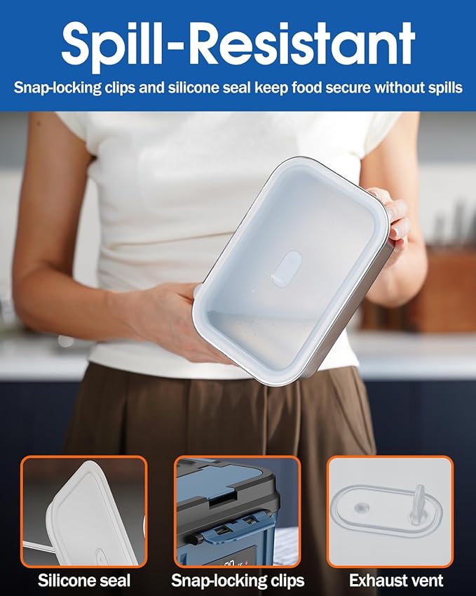 Cordless Electric Lunch Box for Adults – Battery-Powered Heated Lunch Box with 1.2L Stainless Steel Container, Timer Function, and Leak-Proof Food Warmer for Work, Travel & Office(Aqua Blue)