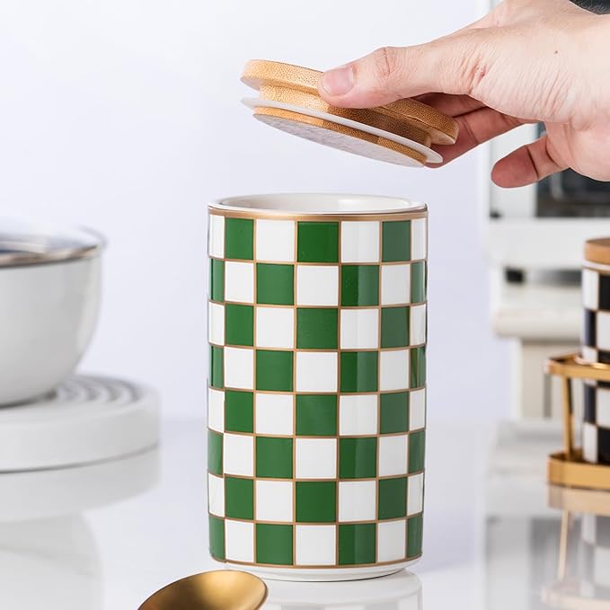Kitchen Countertop Ceramic Checkered Canisters,Black And White Food Storage Containers With Lid,Airtight Kitchen Canisters for Flour, Sugar, Coffee, Tea, and Dry Goods (Green, Large)