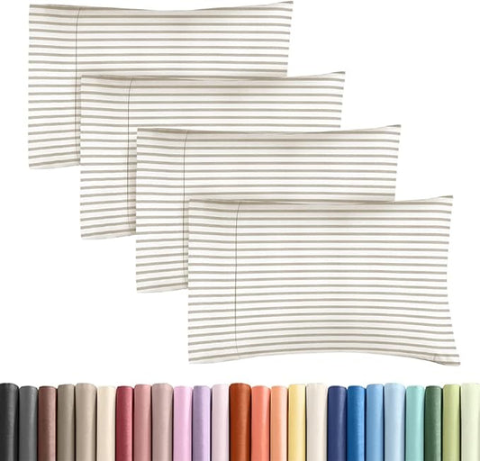 King Standard Pillow Cases Set of 4 - Soft Hotel Quality Pillowcase Covers - Comfy Bedding for Women, Men, Kids & Teens - Machine Washable Pillow Protectors - 4 Piece Set - King Standard Beige Stripes