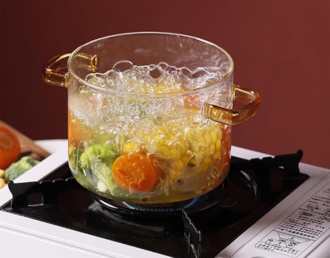 Glass Cooking Pot with Cover, Heat Resistant Glass Saucepan Cooking Pot and Pan with Lid, Glass Cookware Set Cooktop Safe for Pasta Noodle, Soup, Milk, Baby Food (Yellow wooden bead lid- 1700ml)