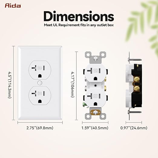 AIDA 20 Amps Outlets Duplex Electrical Receptacle Outlets,Tamper Resistant,Heavy-Duty Receptacle Wall Outlet,Residential,TR,3-Wire, Self-Grounding Clip, NEMA 5-20R,UL Listed (10 Pack, White)