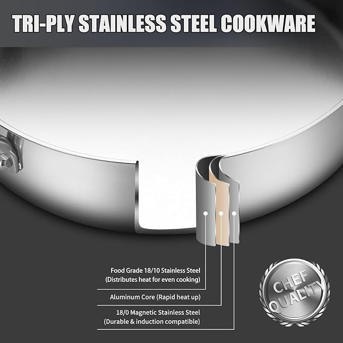 DELARLO 10 Inch Tri-Ply Stainless Steel Paella Pan with Lid, Large Induction Skillet & Jumbo Frying Pan, Heavy Duty Cookware for Paella Parties, Indoor & Outdoor Use