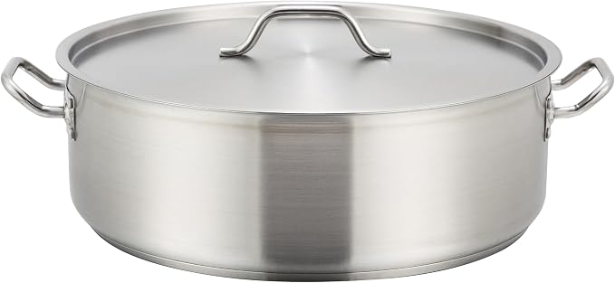 Winco 15 qt Stainless Steel Brazier Pan with Lid | Flat bottom, Wide base, Riveted handles, Induction safe, Great for Braising, Simmering, Batch Cooking and Restaurant Kitchens