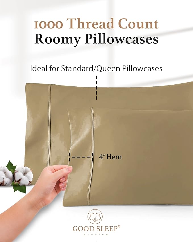 1000 TC Taupe Standard Pillowcases Set of 2 100% Egyptian Cotton Pillow Cases with Long Staple Cotton & Sateen Weave, Silky Soft Hotel - Like Bed Pillow Covers for Comfy Sleeping, Snug Fit