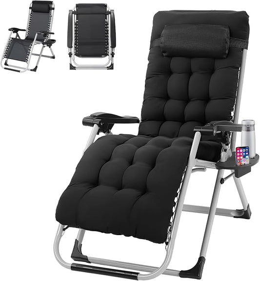 VINGLI Padded Zero Gravity Chair, Lounge Chair with Removable Cushion & Tray， Folding Reclining Patio Chairs， Recliner Chair for Lawn，Indoor Outdoor-Black