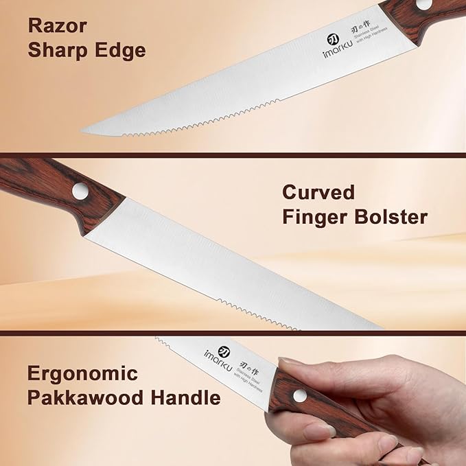 imarku Steak Knives Set of 6, 9-Inch Serrated Steak Knife Set, Japanese High Carbon Stainless Steel, Razor-Sharp Blades with Gift Box