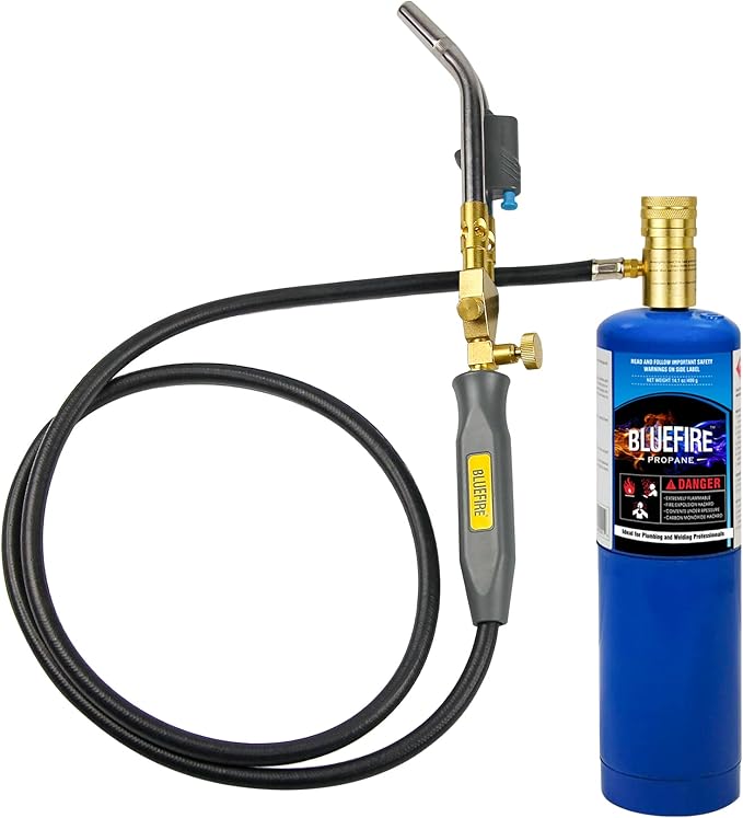 BLUEFIRE HZ-8150 Double Heads Swirl Flame Self-Ignition Hosed Turbo Torch 5' long Hose Trigger Start MAPP MAP Propane Welding Blowtorch Nozzle for brazing large diameter copper pipes, Torch Only