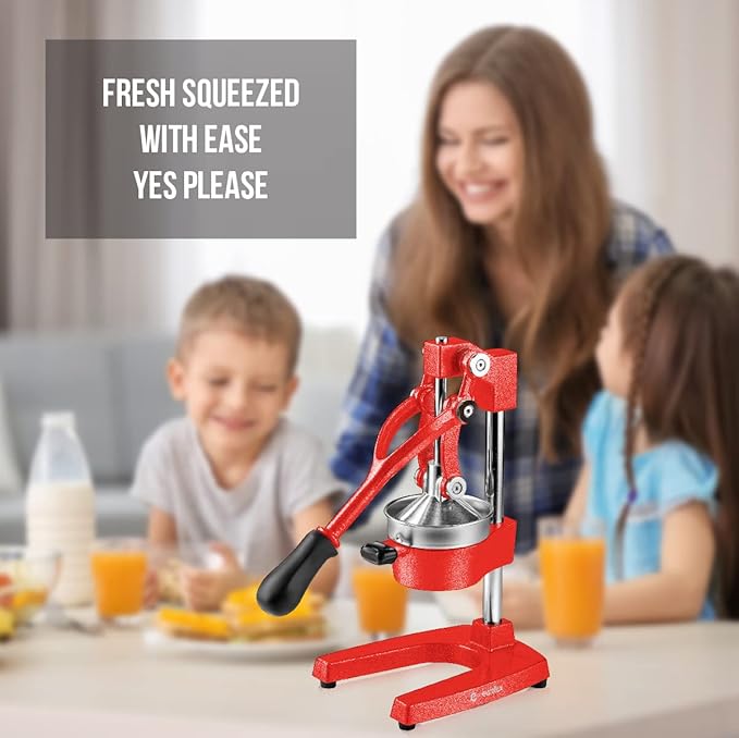Eurolux Ultra-Premium Cast Iron Juicer | Extra-Large, Heavy Duty, Commercial Grade, Stainless Steel Manual Hand Press Citrus Squeezer For Fresh Orange Juice, Pomegranate, Lemon, and Much More (Red)