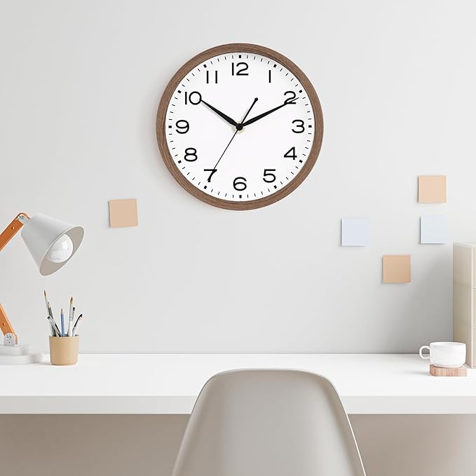 AKCISOT 10 Inch Wall Clock, Battery Operated Analog Clock, Silent Non-Ticking, Ideal for Bedroom, Bathroom, Kitchen, Office and School, Walnut