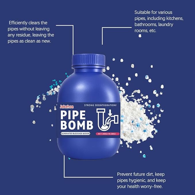 Pipe Bobo Drain Cleaner 2-Pack, Powerful Drain Clog Remover Powder for Kitchen & Bathroom, Professional Pipe Bomb to Dissolve Stubborn Hair & Grease, Safe for Septic Systems | 2 x 300g