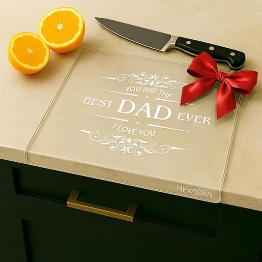 Engraved Acrylic Cutting Board with Counter Lip - Best Dad Ever Dad Gifts from Daughter Son Cooking Gift for Father Daddy Christmas Birthday Presents Clear Countertop Protector Kitchen Decor