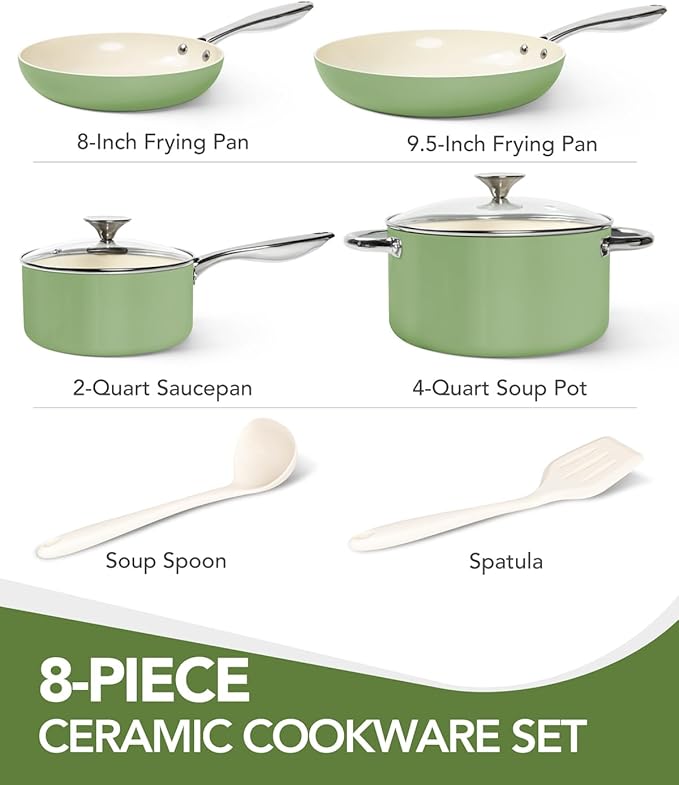MICHELANGELO Pots and Pans Set Non Stick - Titanium Cookware Set Non Toxic Ceramic Coating, 8-Pcs Nonstick Pots and Pans with Ergonomic Handle, Dishwasher Safe & Induction Compatible, Green