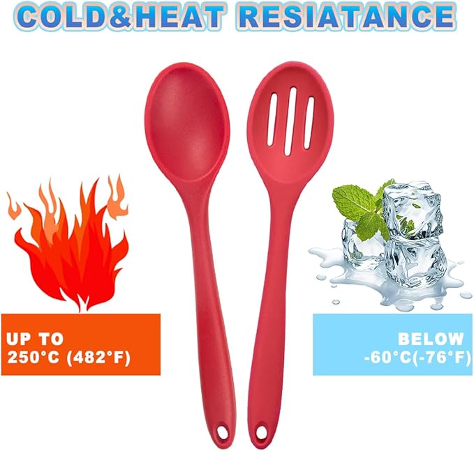 8 Pcs Heat Resistant Non Stick Silicone Serving Spoons Set -Ideal for Cooking, Baking, Mixing, Stirring Includes Slotted & Solid Spoons, Design for Nonstick Cookware (Red)