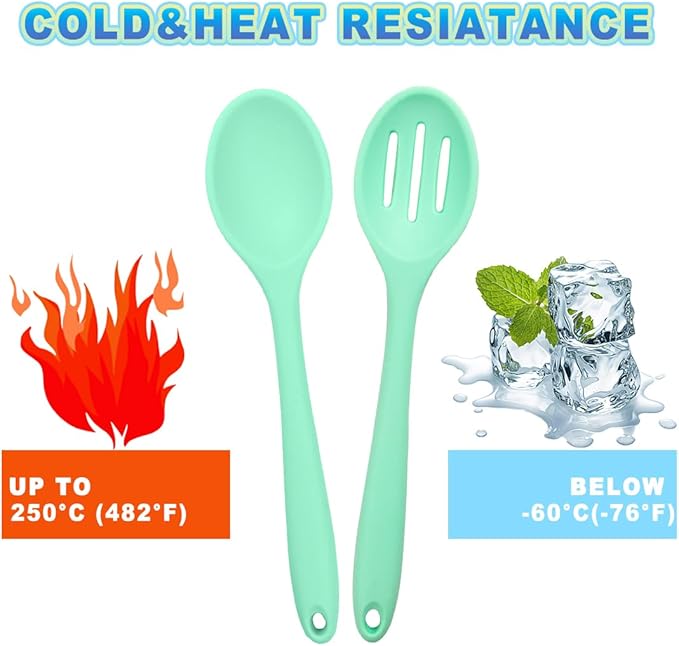 8 Pcs Heat Resistant Non Stick Silicone Serving Spoons Set -Ideal for Cooking, Baking, Mixing, Stirring Includes Slotted & Solid Spoons, Design for Nonstick Cookware (Green)