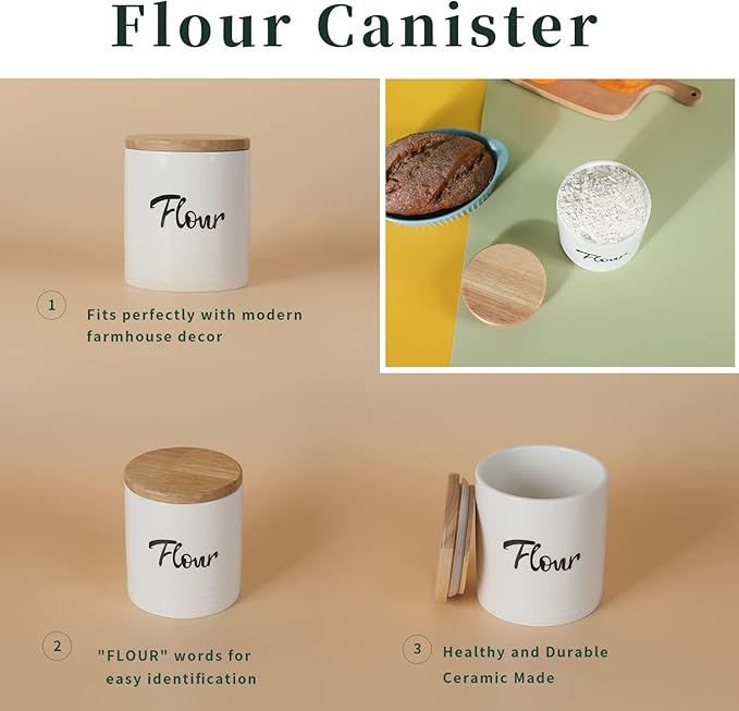 LEETOYI Porcelain Food Storage Containers with Lid, Small Size Design & Saves Space, 4.5 Inch White, Labeled Flour