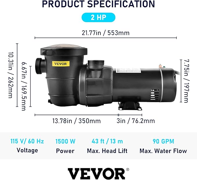 VEVOR Swimming Pool Pump, 2.0HP 115 V, 1500 W Single Speed Pumps for Above Ground Pool w/Strainer Basket, 5400 GPH Max. Flow, Certification of ETL for Security