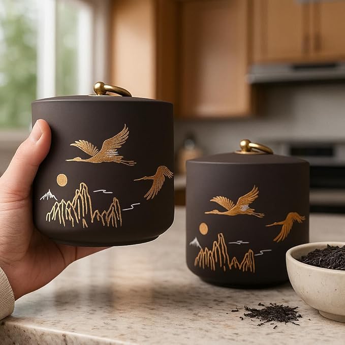 Bare & Balanced Ceramic Canister with Airtight Lid – Premium Kitchen Storage Jar | Crane & Mountain Design | Storage for Dry Goods | Gift-Ready Box