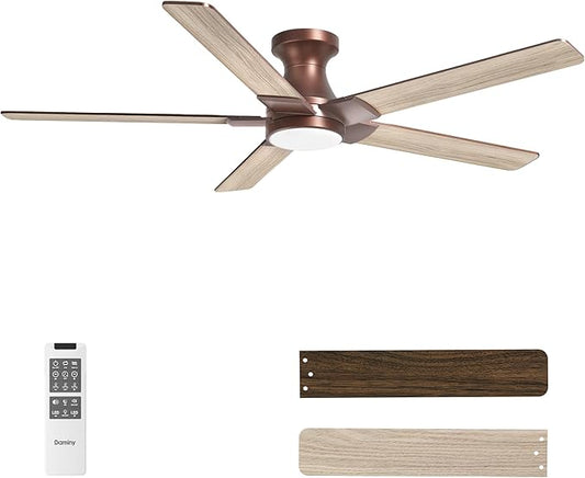 DAMINY 52 inch Brown Ceiling Fans with Lights,5 Blades,6CCT, Low Profile,Remote Control,for Bedroom, Kitchen,Living Room,Indoor/Outdoor Use,Flush Mount