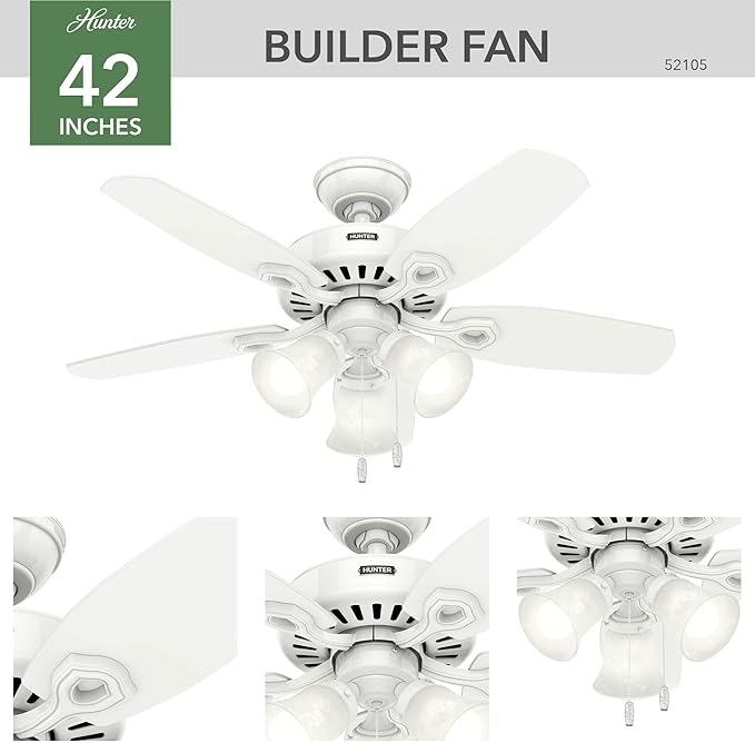 Hunter 42 inch Indoor Ceiling Fan with LED Lights - White Ceiling Fan with Pull Chain, For Bedroom or Living Room, Standard Mount, No Remote, 5 Blades, Includes Bulbs - Builder 52105, Snow White
