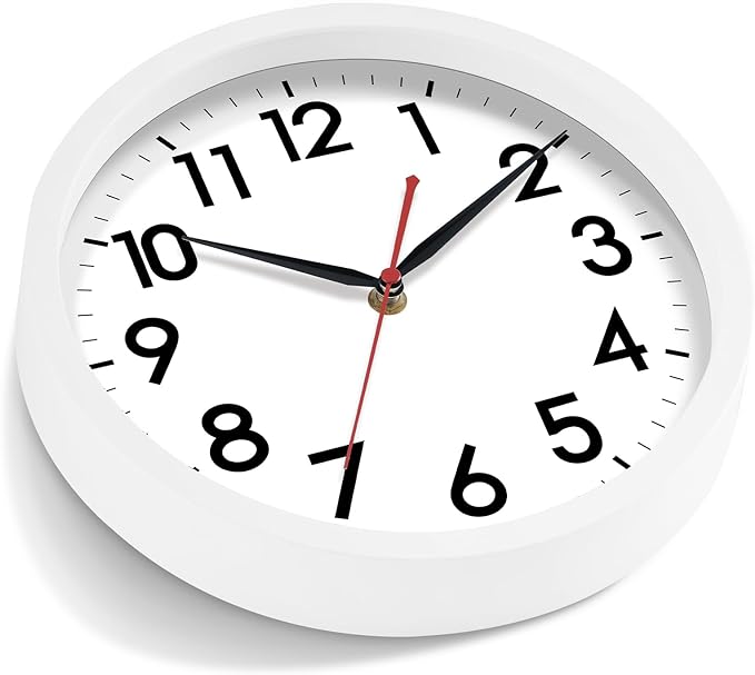 AKCISOT 10 Inch Wall Clock, Battery Operated Analog Clock, Silent Non-Ticking, Ideal for Bedroom, Bathroom, Kitchen, Office and School, White