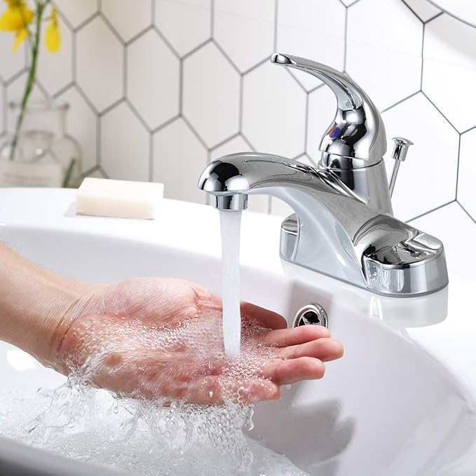 WOWOW Bathroom Faucet 1 Handle Low Arc Single Handle 4 inch Centerset Bathroom Sink Faucet with Lift Rod Drain Assembly Basin Mixer Tap Chrome Vanity Taps