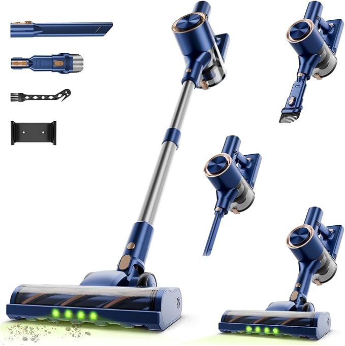 Cordless Stick Vacuum Cleaner - Rechargeable,40Kpa Powerful Suction Vacuum for Home,45Mins Runtime,Detachable Battery,Anti-Tangle, 8 in 1 Lightweight Vacuum for Pet Hair Carpet Hardwood, Blue