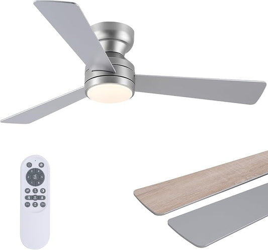 Asyko 46" Silver Low Profile Ceiling Fan with Light and Remote,Modern Flush Mount Ceiling Fans for Bedroom, Living Room, 6 Speeds, Dimmable, Timer, Quiet Reversible