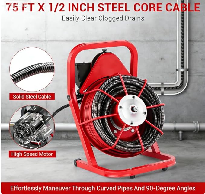 Garvee 75FT x 1/2 Inch Drain Cleaner Machine, 400W Portable Drain Cleaning Machine Snake with 6 Cutters & Foot Switch for 1" to 4" Pipes, Heavy Duty Sewer Auger for Sinks, Toilets, Showers