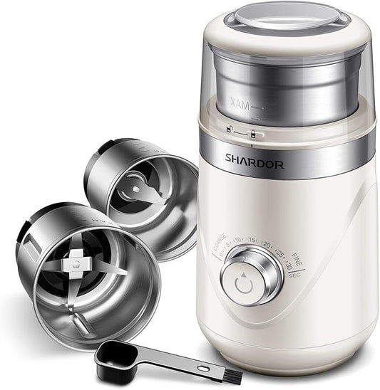 SHARDOR Electric Super Silent Blade Coffee Grinder, Timed Grind Control Rotary Knob, Adjustable Coarse to Fine for Coffee Beans, Spices & Herbs, with 2 Removable Stainless Steel Bowl, Cream