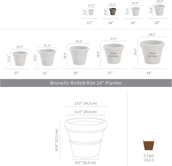 Crescent Garden Brunello Small Classic Rolled Rim Planter, Indoor/Outdoor Plastic Round Pot - Traditional Planter for Herbs, Plants, Houseplant -14''W (Black)