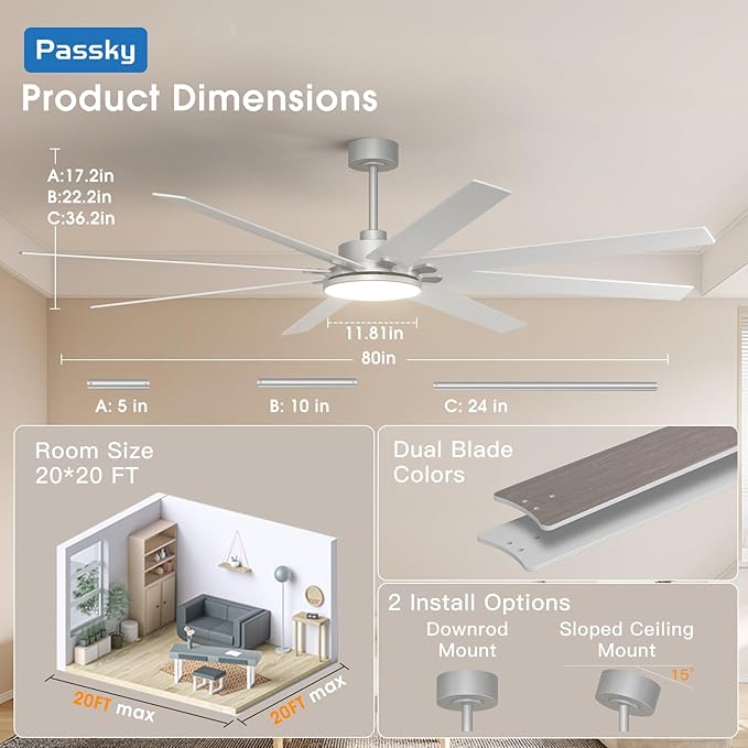 80 inch Ceiling Fans with Lights, Large Modern Ceiling Fan with Light and Remote Control, Reversible, Dimmable, 3CCT, Quiet, Nickel Ceiling fan For Bedroom Living Room Patio Farmhouse, Indoor/Outdoor